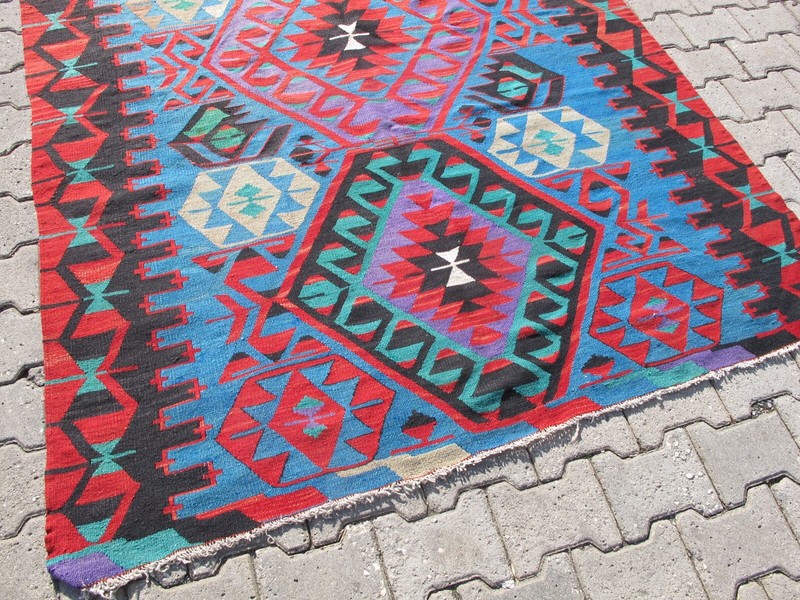 Vintage Turkish Kilim Rug Blue Handmade wool Vibrant Turquoise 1970s Rug Carpet gallery