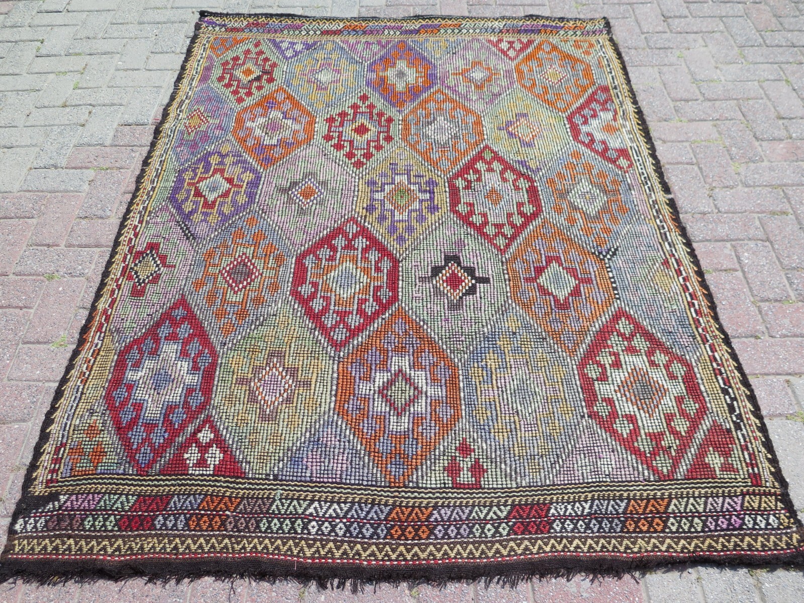 Tribal Vintage Sardes Kelim, Turkish Handwoven Wool Multicolor Rug 57"x76" gallery