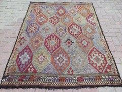 Tribal Vintage Sardes Kelim, Turkish Handwoven Wool Multicolor Rug 57″x76″