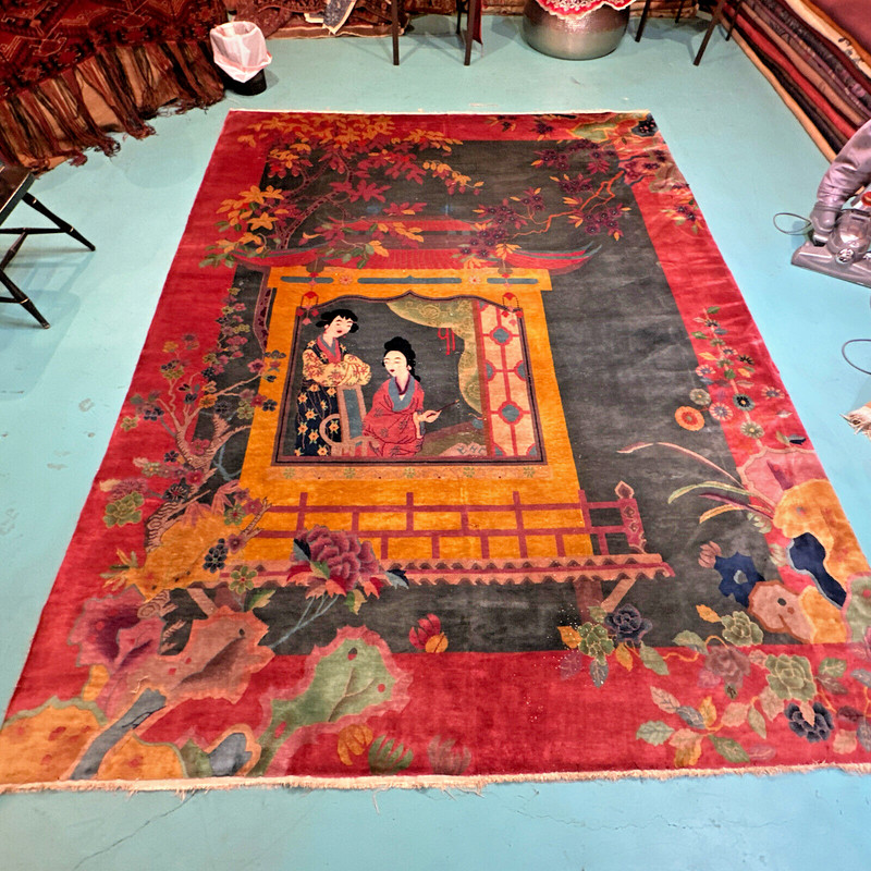 Auth: 20's Pictorial Art Deco Chinese Rug XI Xiang Ji Love Legend 9x12 gallery