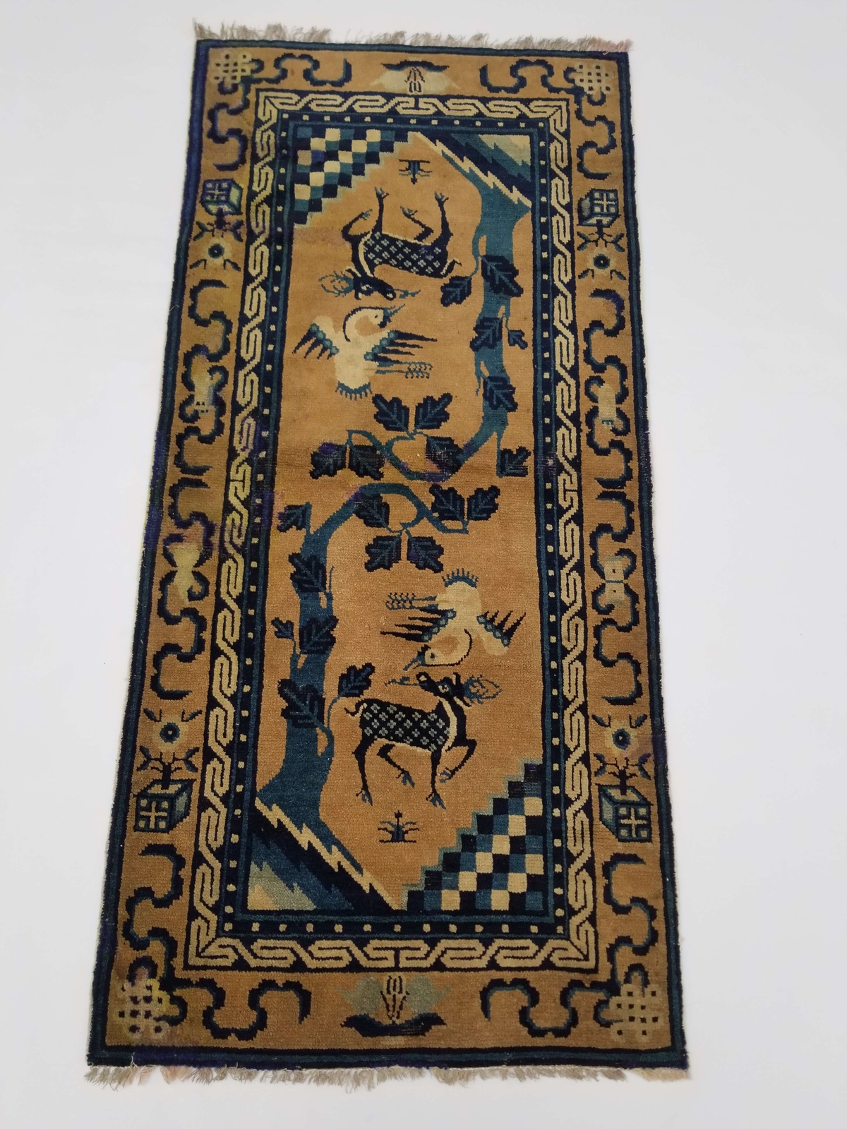Antique Tibetan Chinese Peking Hand Knotted Multicolor Wool Rug Carpet 143x68cm gallery