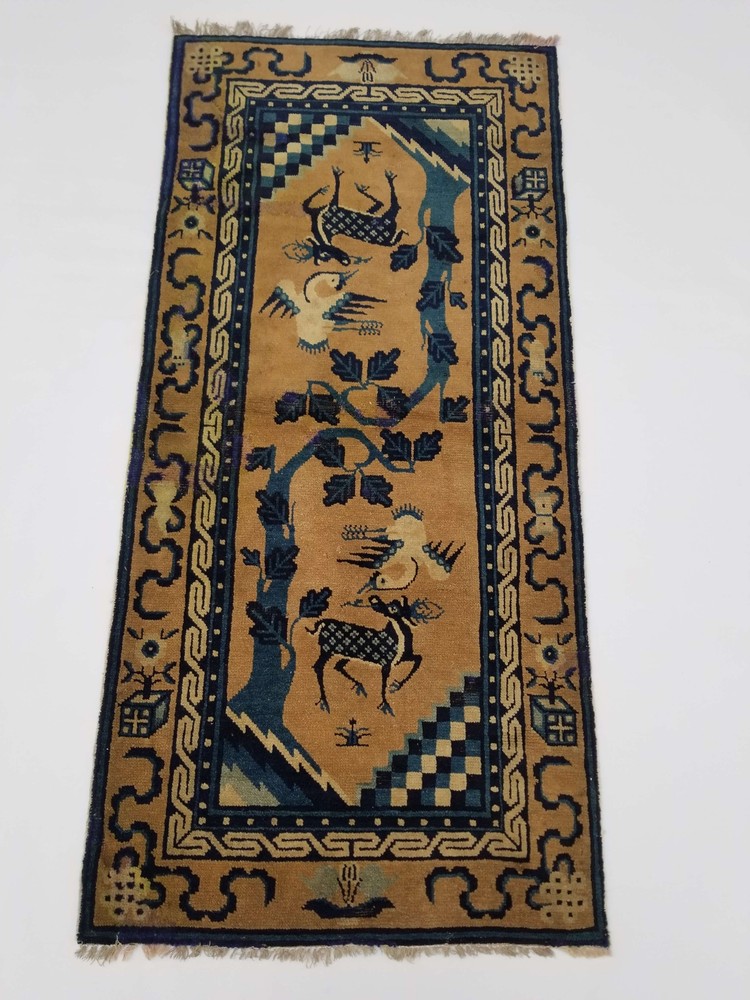 Antique Tibetan Chinese Peking Hand Knotted Multicolor Wool Rug Carpet 143x68cm