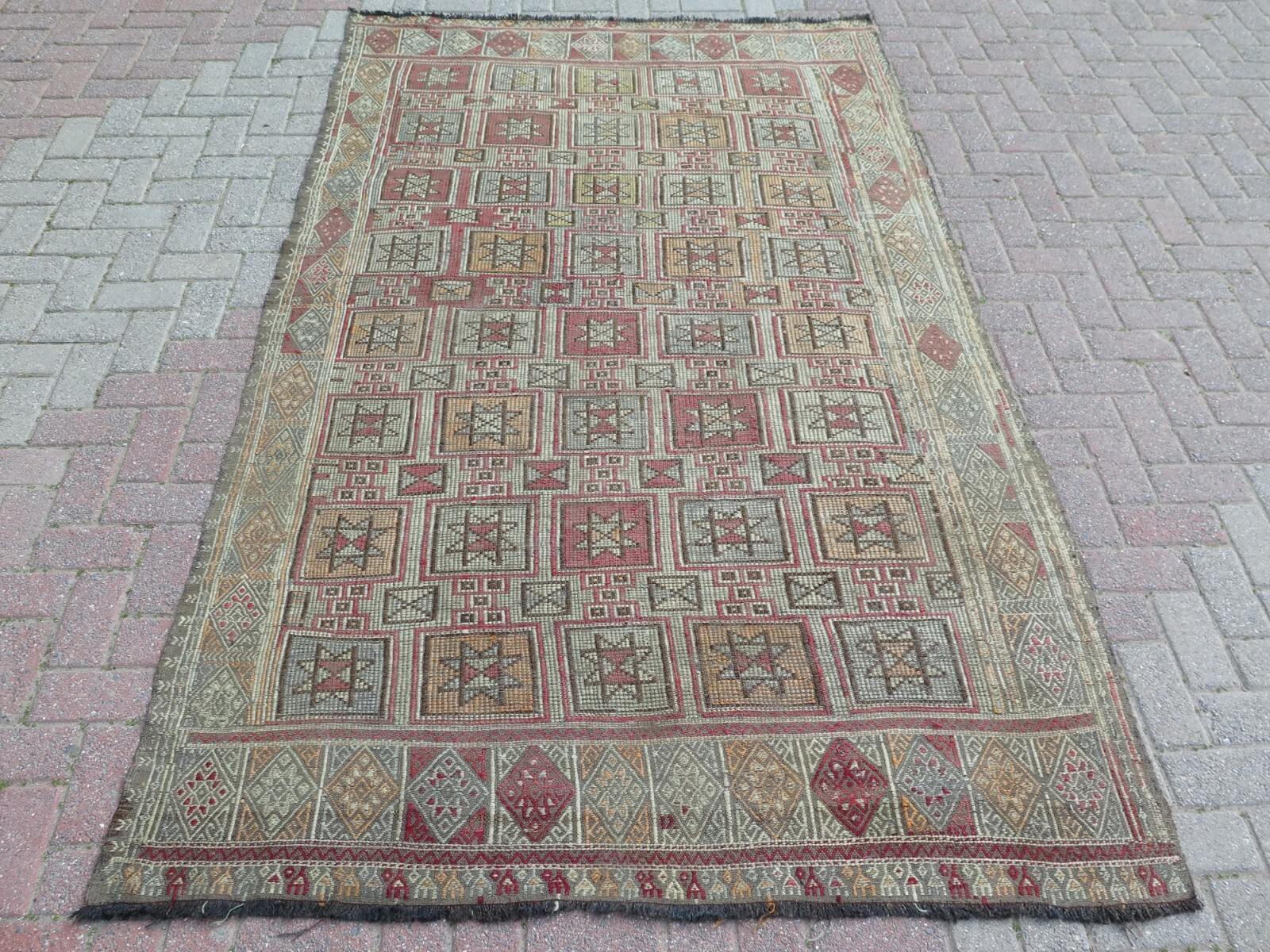 Star Motifs Pale Colors Home Decor Carpet, Vintage Turkish Nomads Rug 63"X105" gallery