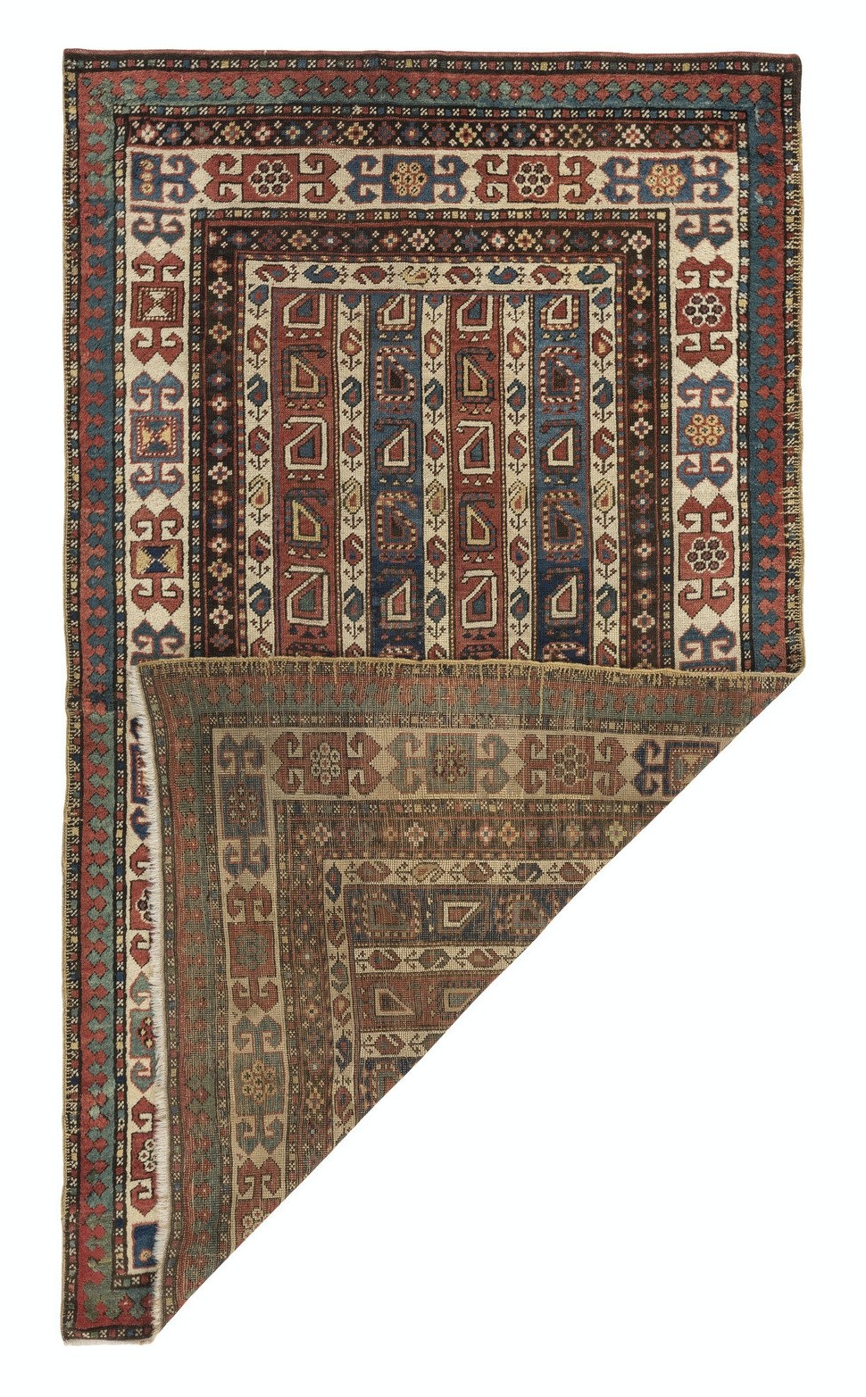 4x7 Ft Rare Antique Karabagh Kazak Rug With Diagonal Stripes and Botehs, Ca 1860 gallery