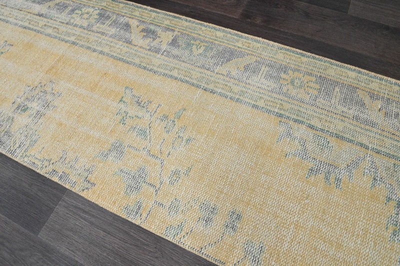 Vintage Turkish Runner Rug 2x10ft YELLOW Handmade Anatolian Oushak Hallway Wool gallery