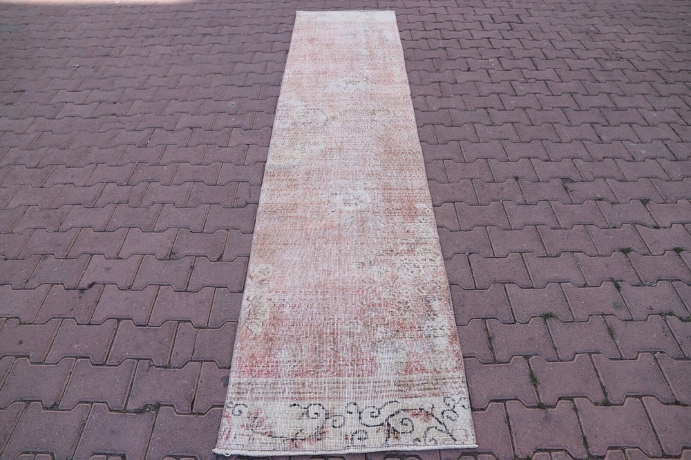 Turkish Handmade Runner Faded Red Hallway Rug Wool Oushak Floral Carpet 2x10ft