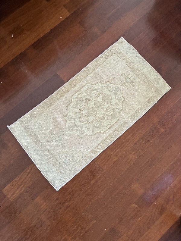 Powder Room Bedside Small Rug 2x3 Vintage Turkish Oushak Ivory Cream Wool Mat gallery