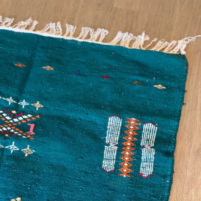 Algerian Traditional Berber Rug for bed room - Teal & white, red Orange colors gallery