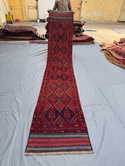 Vintage Afghan Mishwani Baluchi 2×12 Runner Rug, Handwoven Wool, Red Navy Rug