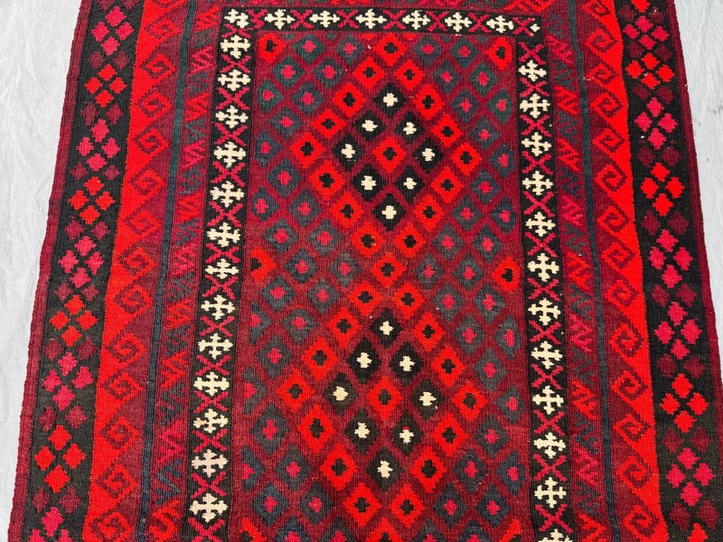 Vintage Afghan Ghelmori Kilim Rug, Handwoven Tribal Red Black Geometric Rug gallery