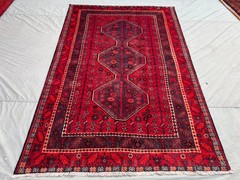 5×7’11 ft Vintage Afghan Hand Knotted Wool Red Navy Floral Medallion Area Rug