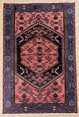Hand Knotted Zanjan Tribal Wool Rug 4×8 Vintage Oriental Black Salmon Blue