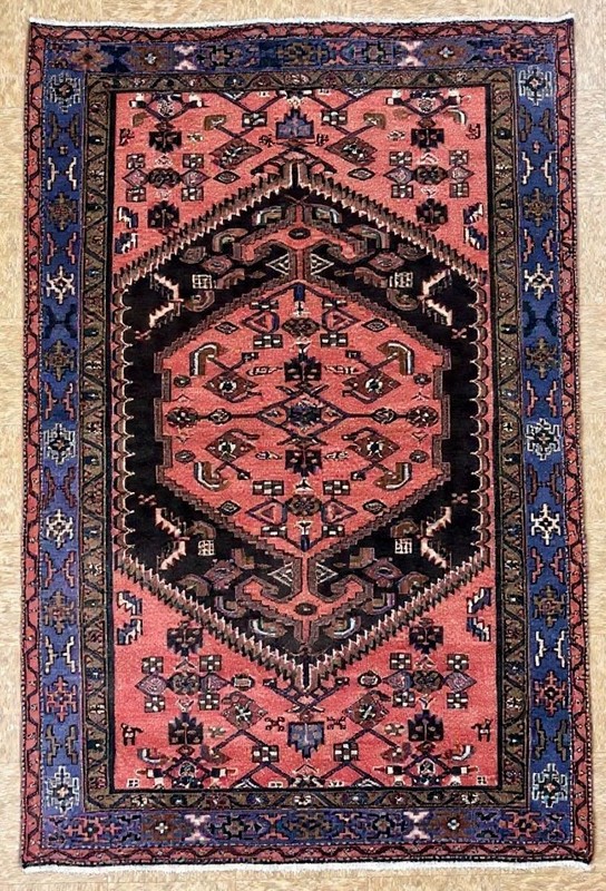 Vintage Zanjan Tribal Hand Knotted Wool Area Rug 4x8 Oriental Black Salmon Blue gallery
