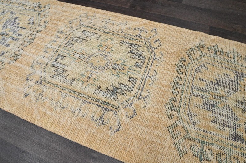 Vintage Turkish Runner Rug 3x12ft BEIGE Handmade Anatolian Oushak Hallway Wool gallery
