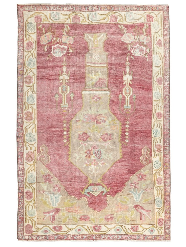Vintage Boho Chic Turkish Tribal Wool Rug 4x6.2 ft Hand Knotted Oushak Carpet