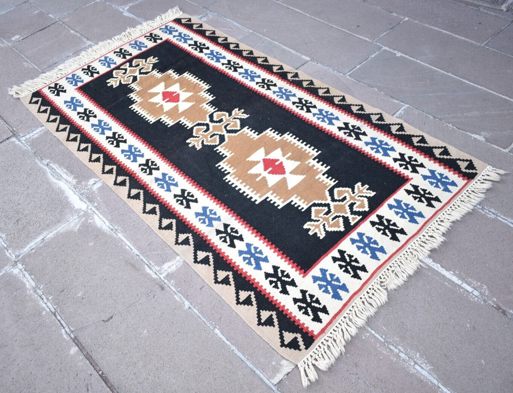 Vintage Turkish Rug 40'' x 70'' Flat Woven Kayseri Yahyali Rug Organic Wool Rug