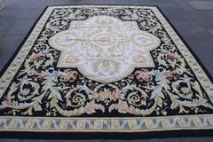 Vintage Hand Made French Design Wool Black Beige Original Aubusson 312X239cm