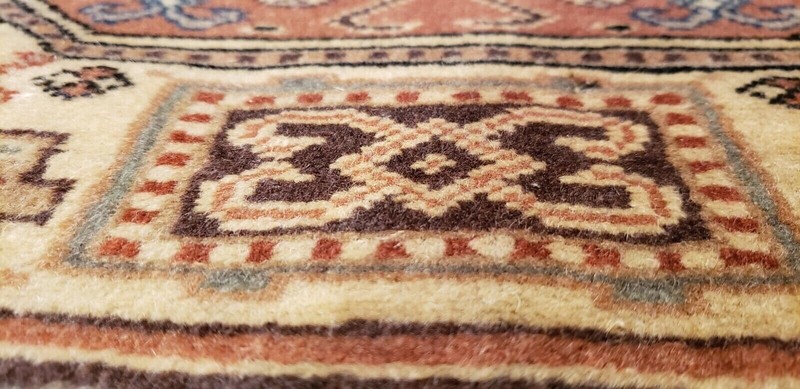 Hand-Knotted Vintage 1970's Muted Dye Geometri Patterned Bunyan Rug 4'10"×7'6 gallery