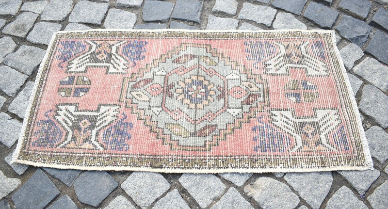 Turkish Rug 19'' x 37'' Vintage Small Rug Anatolian Oushak Rug Wool Low Pile Rug gallery