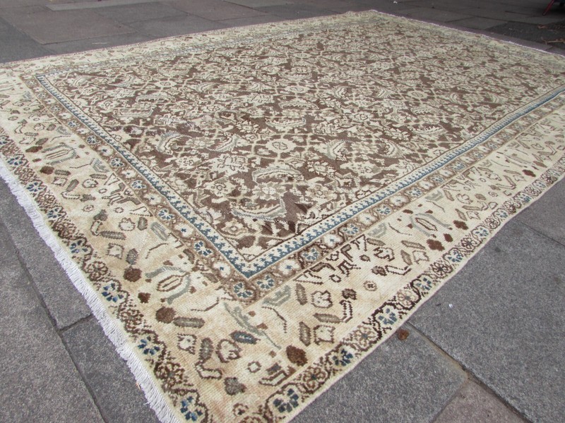 Vintage Worn Hand Made Traditional Oriental Wool Faded Brown Carpet 325x223cm gallery