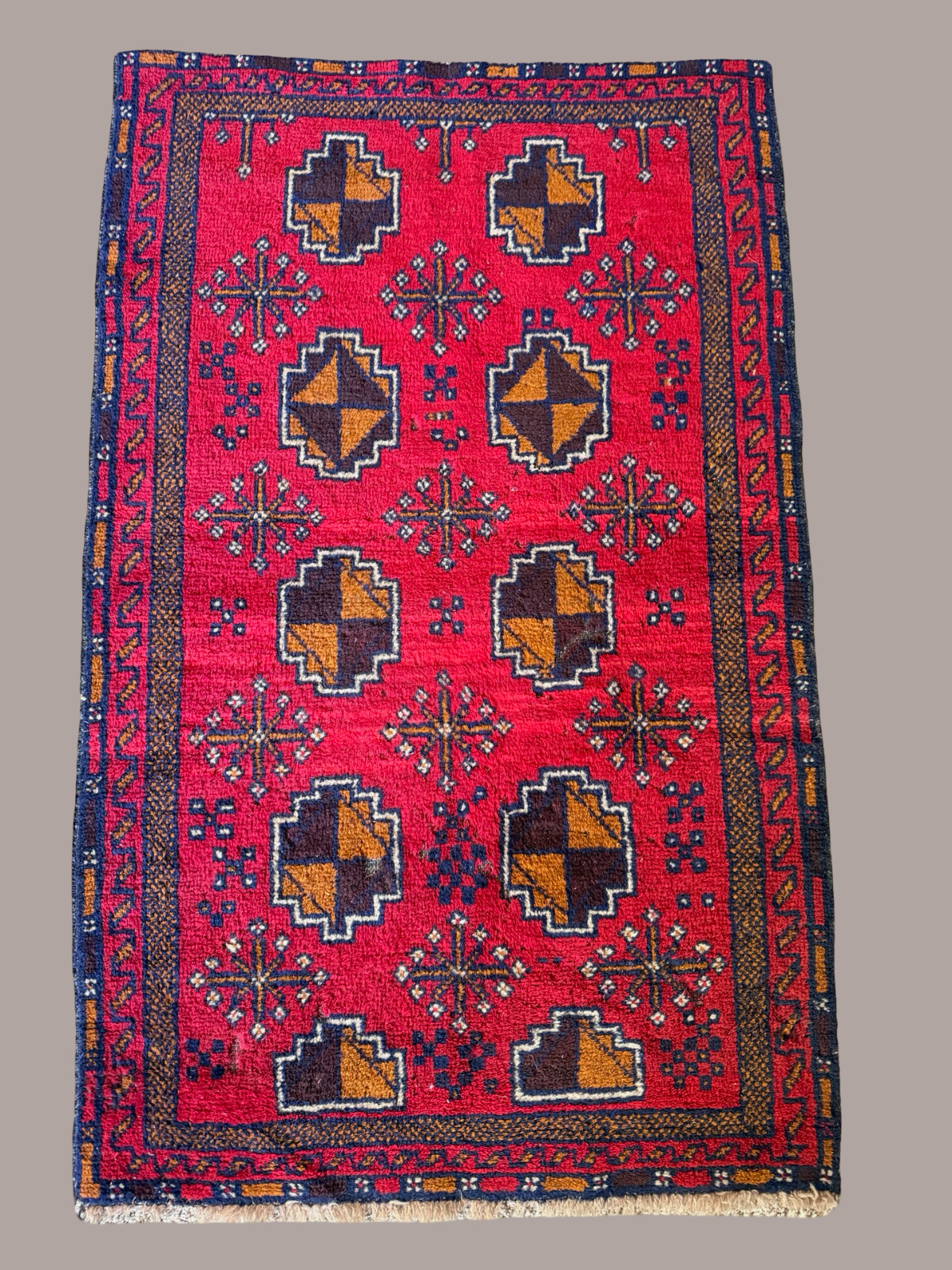 Vintage Hand Knotted Wool Tribal Rug – Red Field Geometric Medallions 33x53 gallery