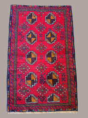 Vintage Hand Knotted Wool Tribal Rug – Red Field Geometric Medallions 33×53