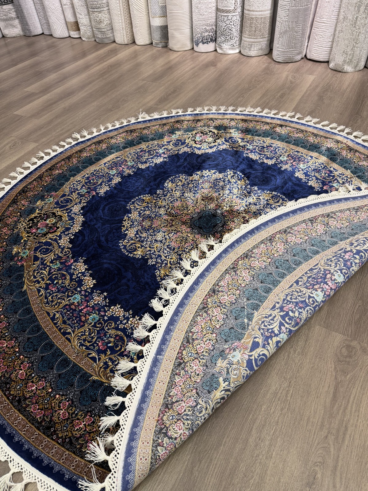 Turkish Silk Look Round Rug 5x5 ft Machine Made Classic Oriental Blue gallery