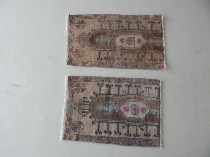 Vintage Small Wool Doormats, Set Of 2, Pair Hand Knotted Rugs, Oushak Ushak Rug gallery