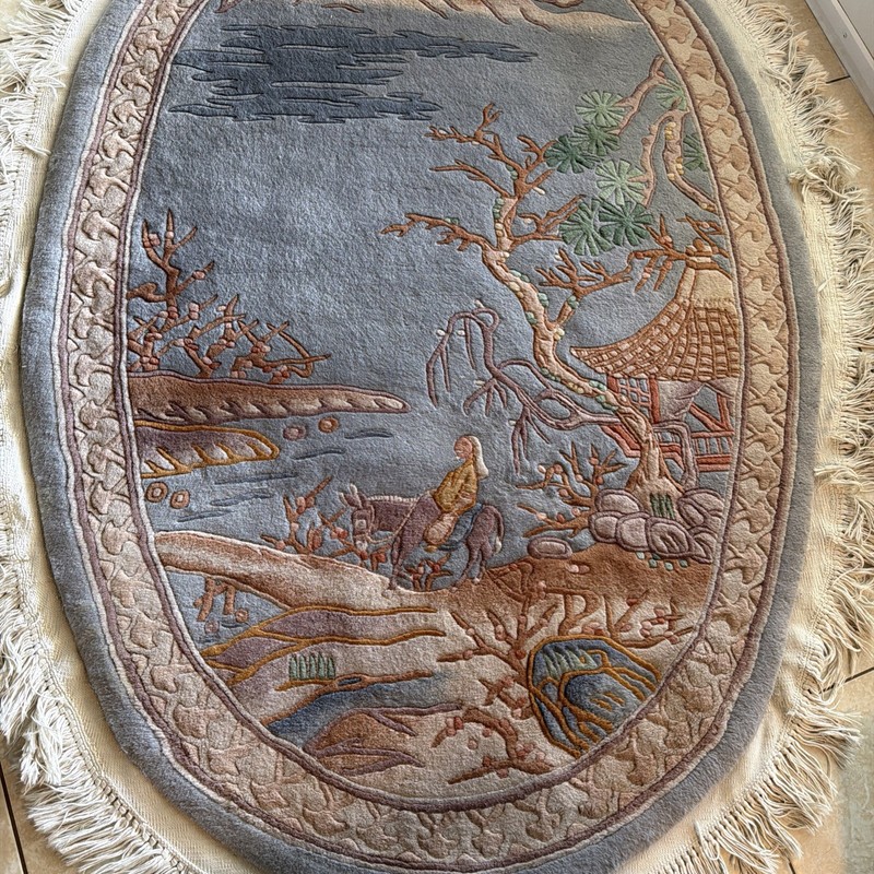 1970's ART DECO CHINESE OVAL RUG 4ft X 6ft SCENERY DESIGN Blue SOFT WOOL Bonsai gallery