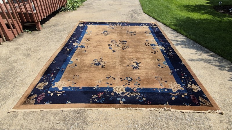1920s Nichols Style Chinese Art Deco Wool Rug Blue & Tan Floral 9x12 gallery