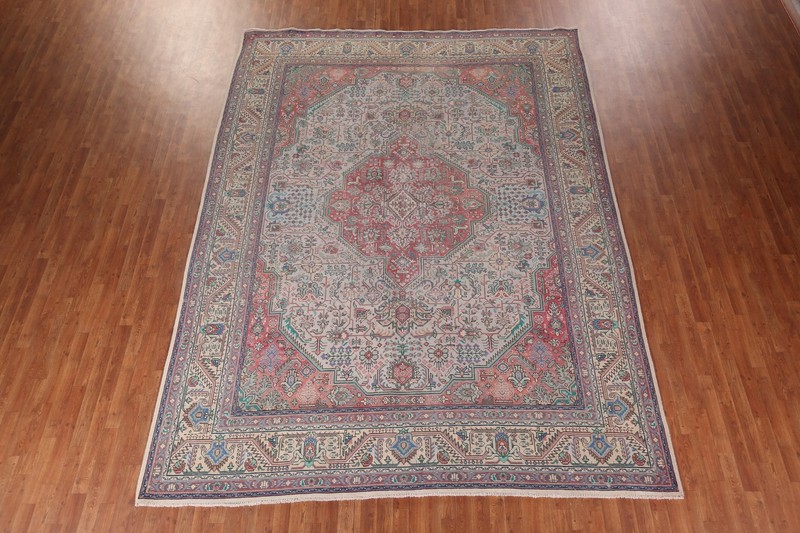 Geometric Light Gray Wool Tebriz Living Room Area Rug 10x13 Vintage Handmade Rug gallery