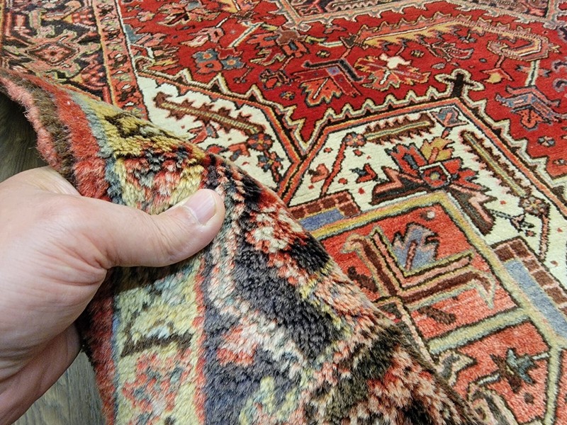 8z12ft ANTIQUE HAND KNOTTED VEGETABLE DYE HERIZE RUG CIRCA 1950S RED GEOMETRIC gallery