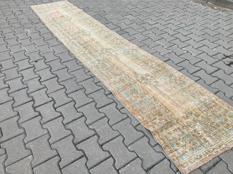 Vintage Turkish Runner rug, Patchwork Brown Handmade Hallway rug, 2.3 x 11.8 ft gallery