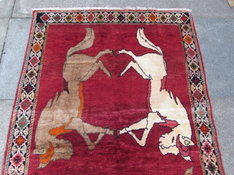 Vintage Traditional Hand Made Oriental Gabbe Wool Red Rug 201x111cm Horse Scene gallery