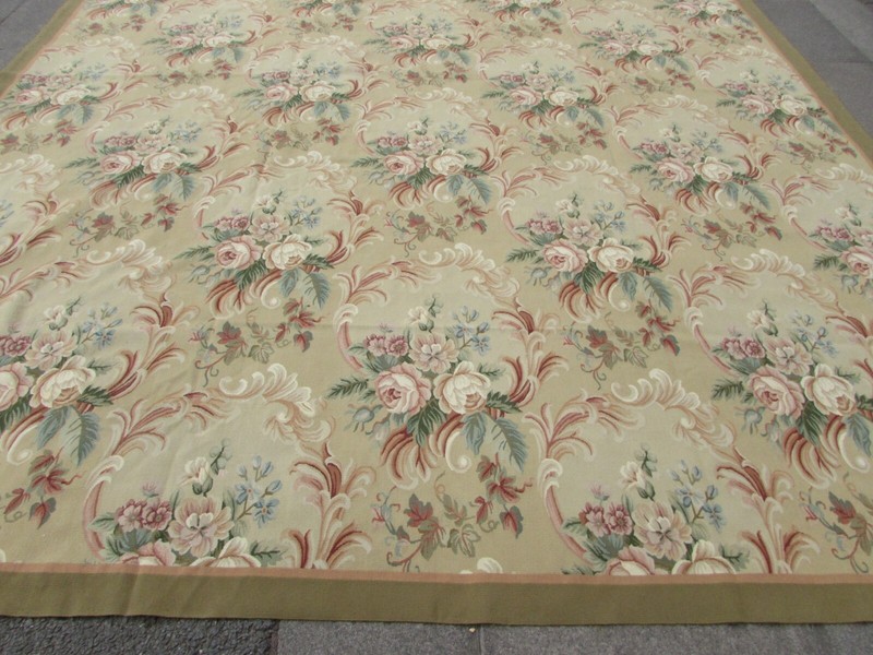 Vintage Hand Made French Design Wool Beige Green Original Aubusson 440X312cm gallery