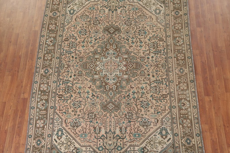 Vintage Geometric Peach Tebriz Area Rug 7x9 Hand-knotted Living Room Carpet gallery
