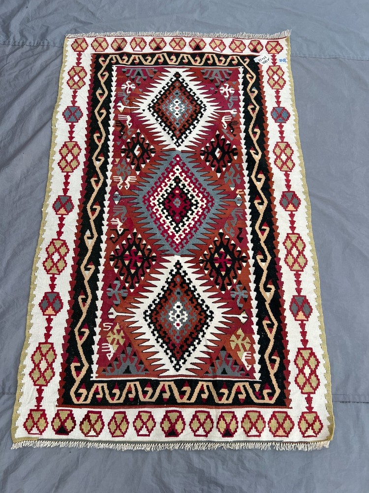 3'5x5'6 ft Vintage Handmade Afghan Geometric Kilim Rug, Diamond Pattern