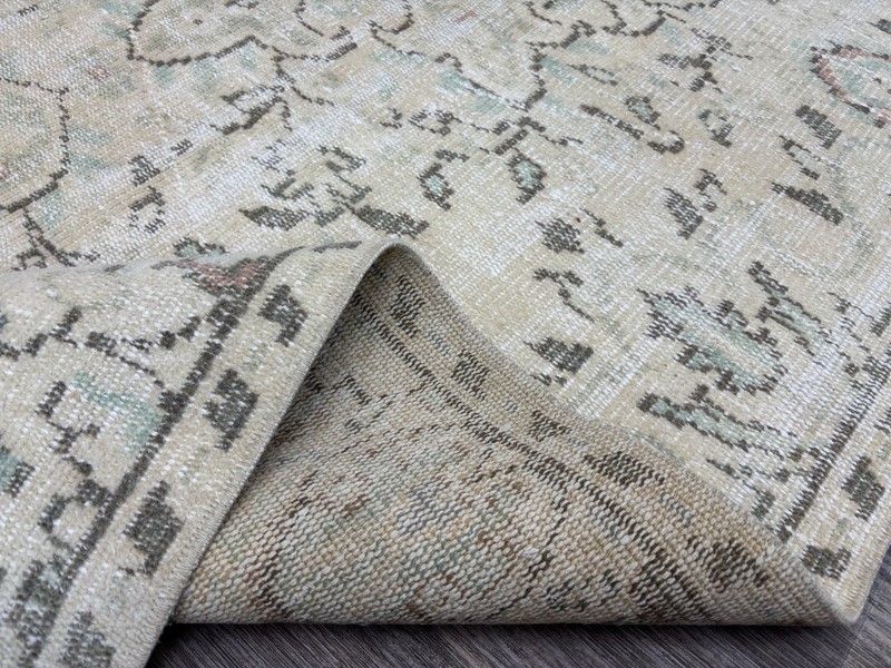 4x8 Beige Green Neutral Vintage Turkish Area Rug, Hand-Knotted Wool Bedroom Rug gallery