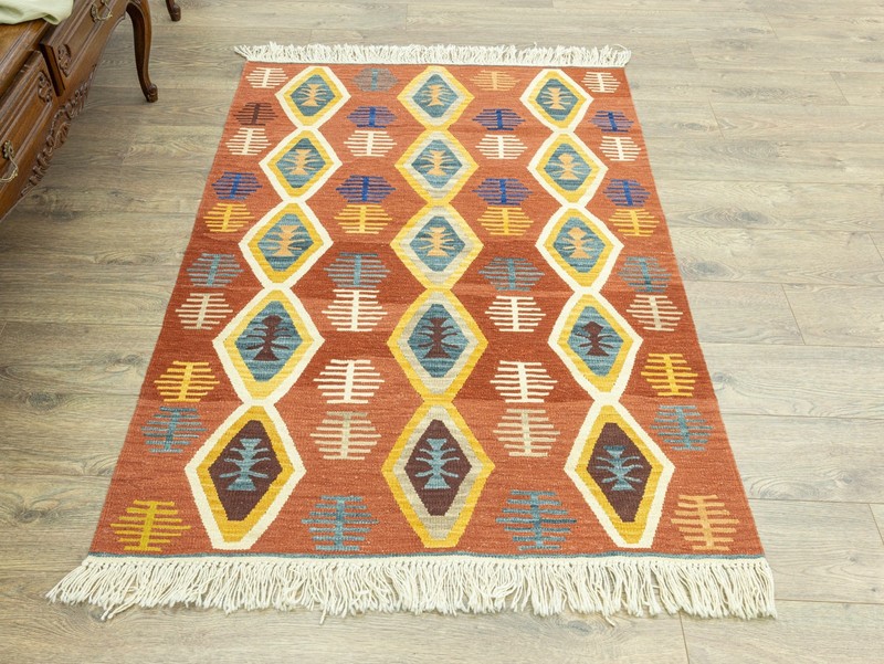 Handwoven Turkish Kilim Rug 3.9x5.5 ft Terracotta Tribal Wool – Designer Home gallery