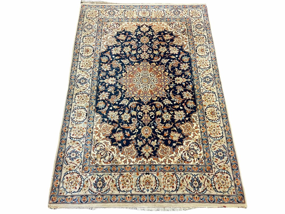 4x5 Ultra Fine Rug Handmade Rug Medallion Rug Floral Rug Beige Dark Blue Rug