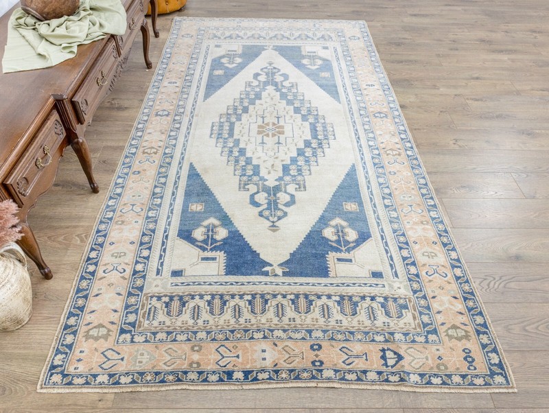 Vintage Handmade Turkish Oushak Wool Rug 5'1" × 9'10" ft – Indigo Earth Tone gallery