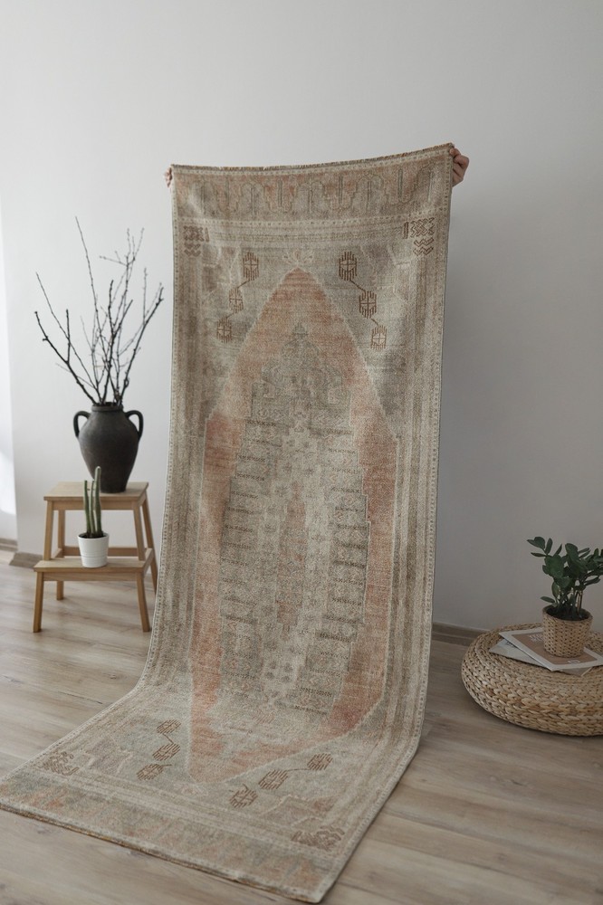 3x8 Vintage Turkish Runner Rug, Hand Knotted Wool Hallway Rug,Oushak Runner,