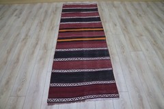 Burgundy Kilim Runner Rug Cappadocia Handwoven Striped Turkish Carpet 3x7ft