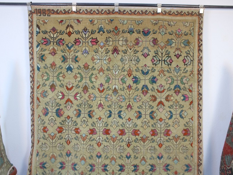 Vintage Hand Knotted Area Rug Green Beige Cream Distressed Wool Carpet 5x8 ft gallery