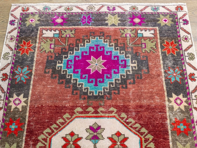 Vibrant Vintage Boho Chic Turkish Rug-Oushak Handmade Tribal Carpet-3.11x6.11 ft gallery