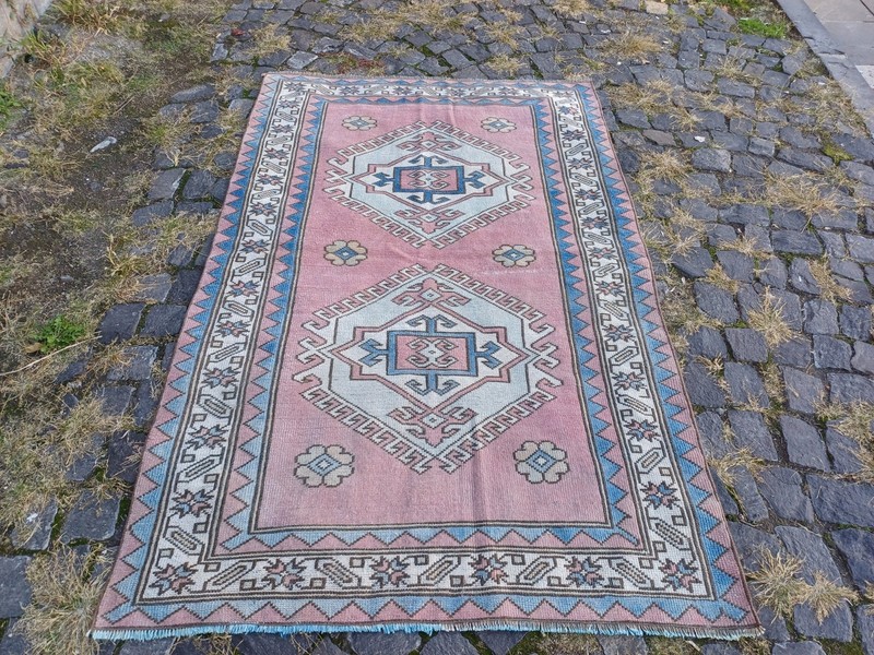 Vintage pink blue Area Rug 4.04 x 6.23 ft , 4x6 Handmade Wool Rug 123 x 190 cm gallery