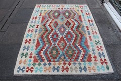 Kilim Vintage Traditional Hand Made Oriental White Wool Kilim 195x138cm