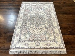 Silk Indian Kashmiri Rug 4×6, Handmade, Ivory, Fine 240 KPSI