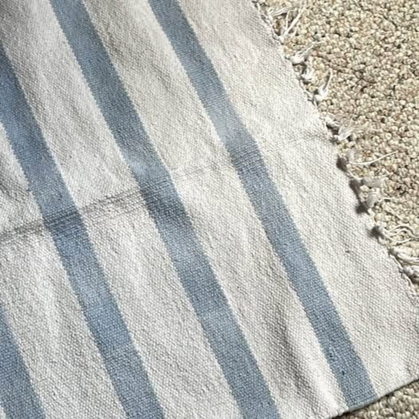 Blue and White Striped Woven Rug Vintage Cottage Core gallery