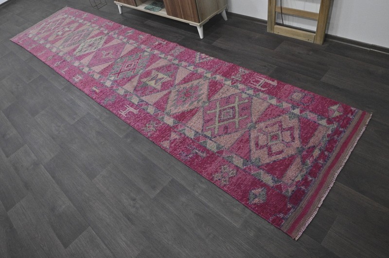 Vintage Turkish Runner Rug 3x13ft PINK Handmade Anatolian Oushak Hallway Wool gallery